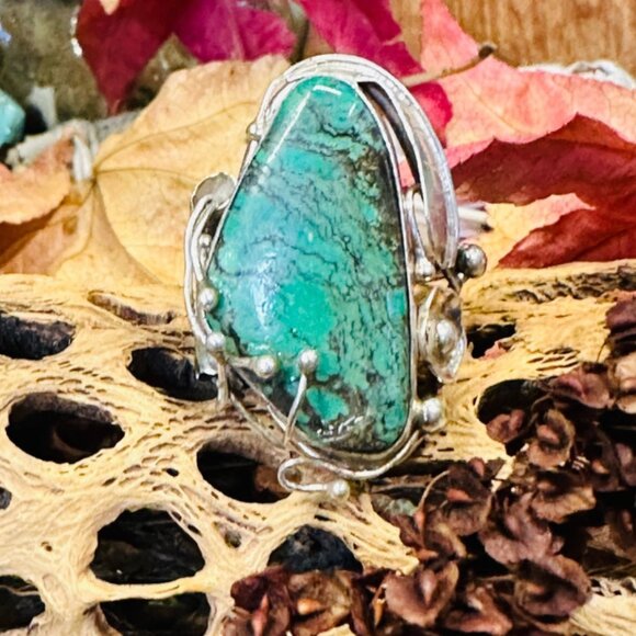 Vintage Sterling SIlver & Spider Web Turquoise Ring Size 7 - Picture 3 of 6